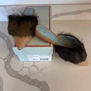 Frances Valentine Paloma Tan Calf Leather Mule With Chocolate Brown fur, Sz 8.5